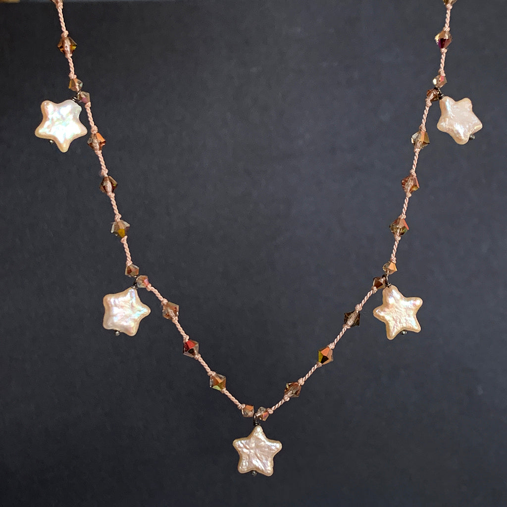 Freshwater Pearl Stars & Coppery Crystals on Nude Silk Necklace