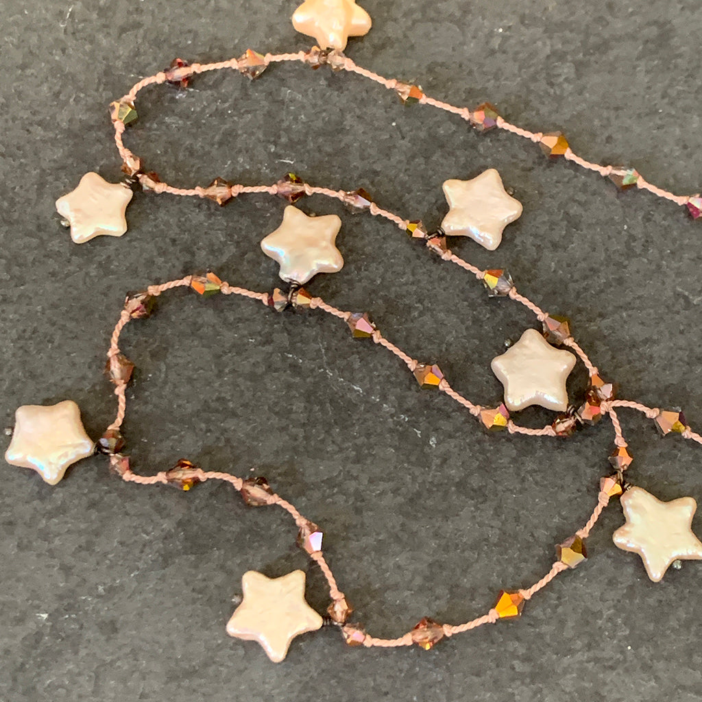 Freshwater Pearl Stars & Coppery Crystals on Nude Silk Necklace