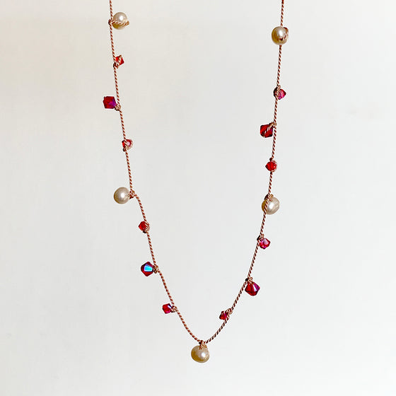 Fuchsia Swarovski Crystals & Pearls on Nude Silk Necklace
