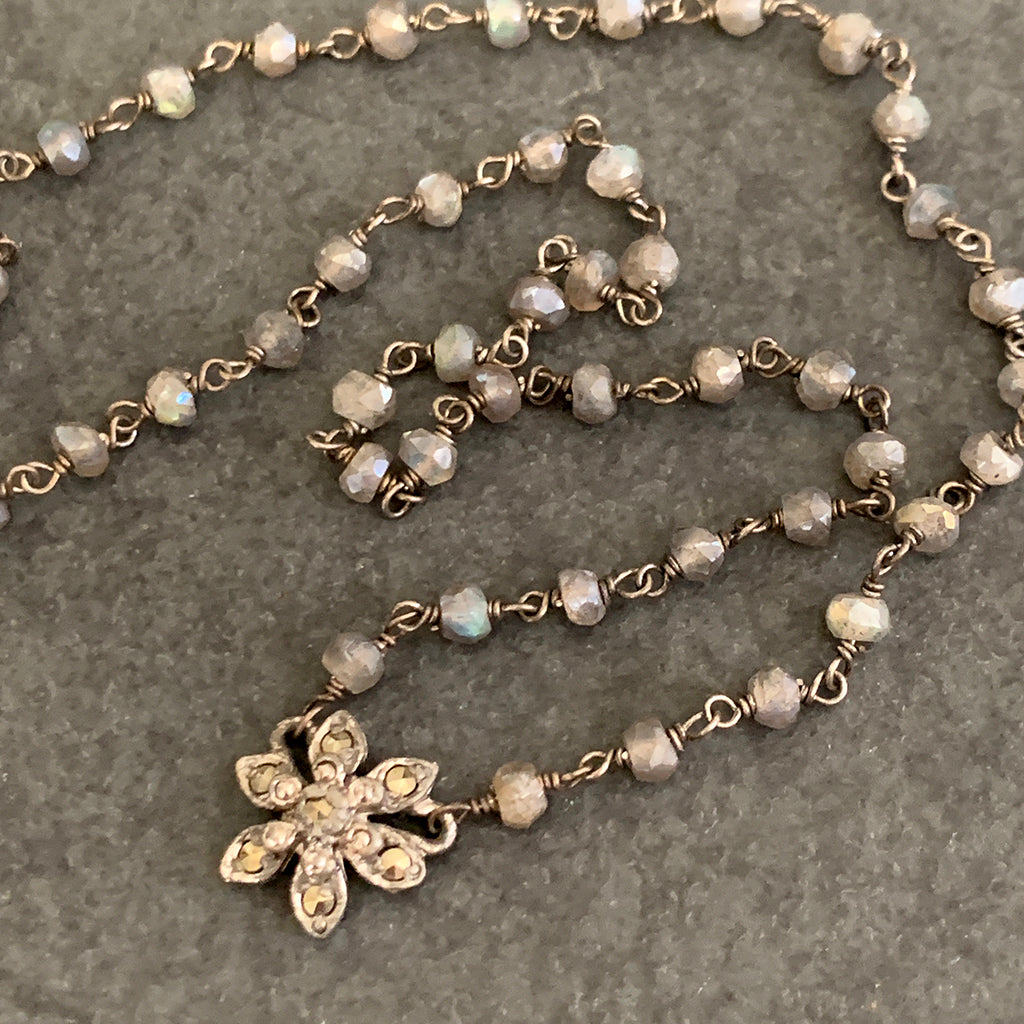 Vintage Marcasite Flower on Labradorite Chain Necklace