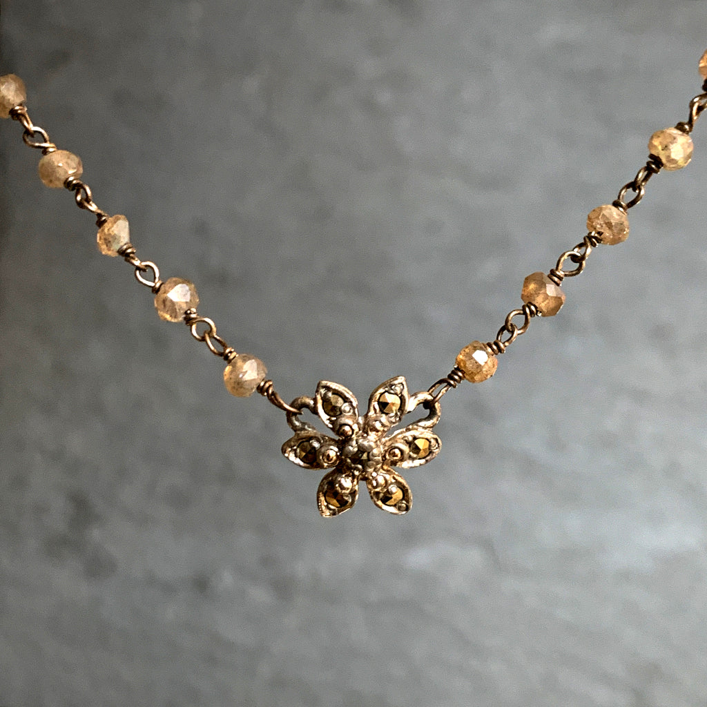 Vintage Marcasite Flower on Labradorite Chain Necklace