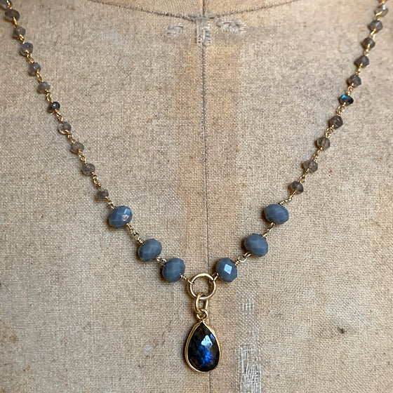 Labradorite Chain with Grey Crystal & Labradorite Pendant Necklace