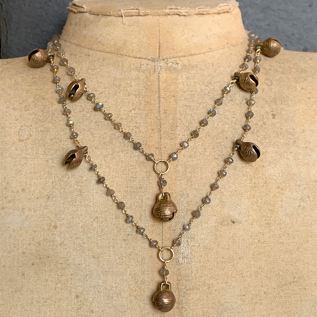 Labradorite Chain Necklace with Tibetan Brass Bell Necklace