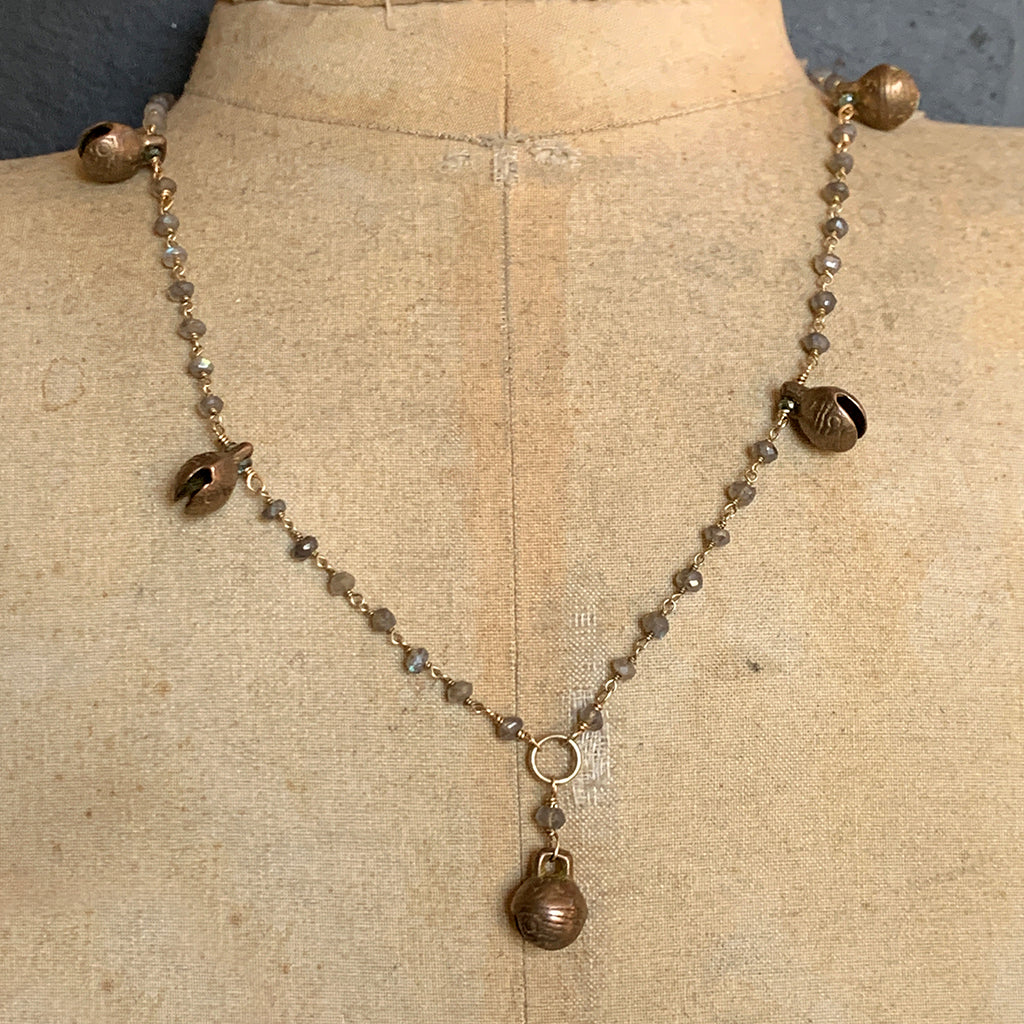 Labradorite Chain Necklace with Tibetan Brass Bell Necklace