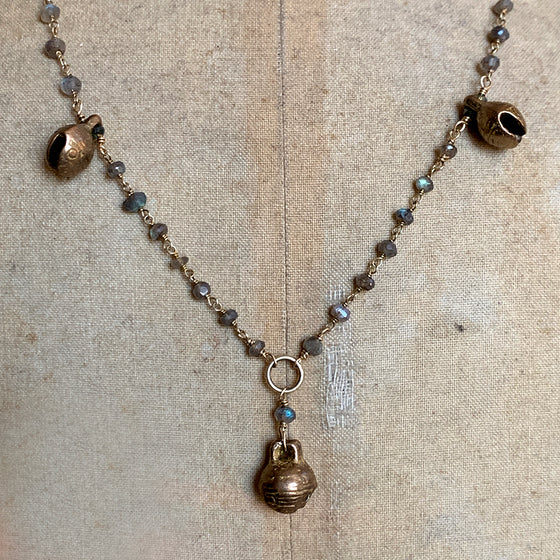 Labradorite Chain Necklace with Tibetan Brass Bell Necklace