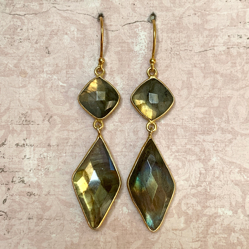 Golden Labradorite Diamond Shaped Earrings