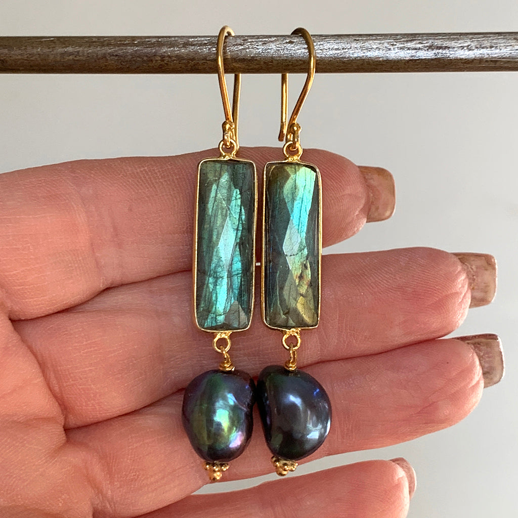 Rectangular Green/Blue Labradorite & Irregular Baroque Pearl Earrings