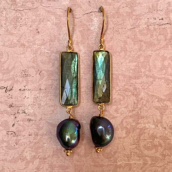Rectangular Green/Blue Labradorite & Irregular Baroque Pearl Earrings