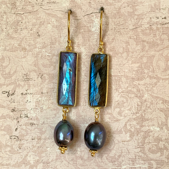 Rectangular Blue Labradorite & Large Oval Baroque Pearl Earrings
