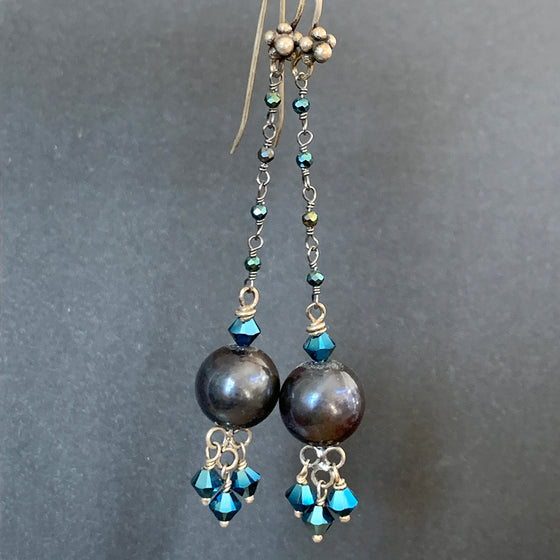Darkest Pearls on Hematite Chain with Midnight Blue Crystals Earrings