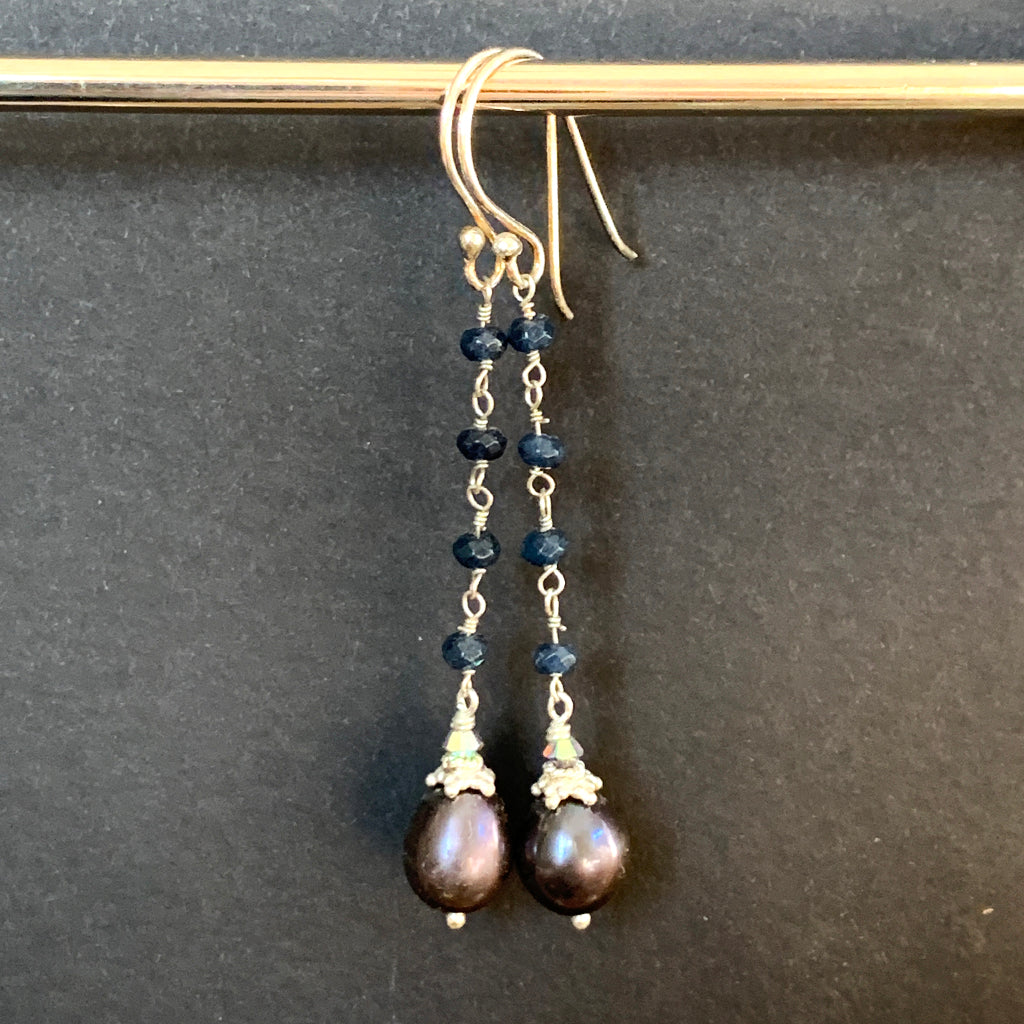 Dark Pearls with Silver & Crystal Collar on Sapphire Blue Chain Earrings