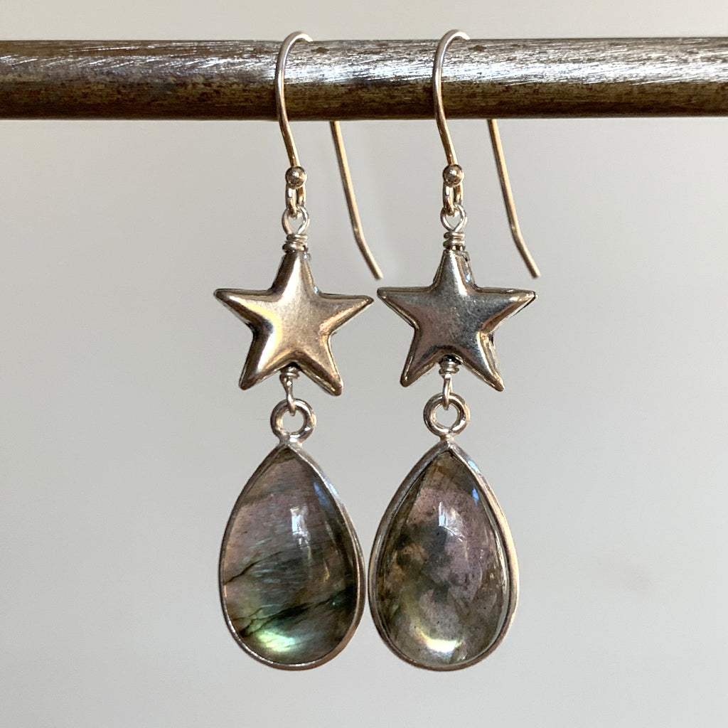 Silver Stars & Labradorite Smooth Drop Earrings