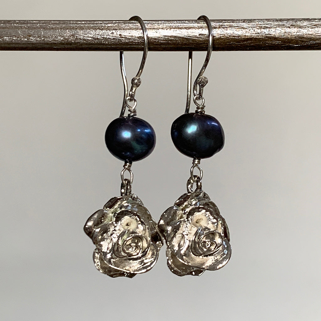 Deep Blue/Grey Pearls with Silver Cast Roses Earrings