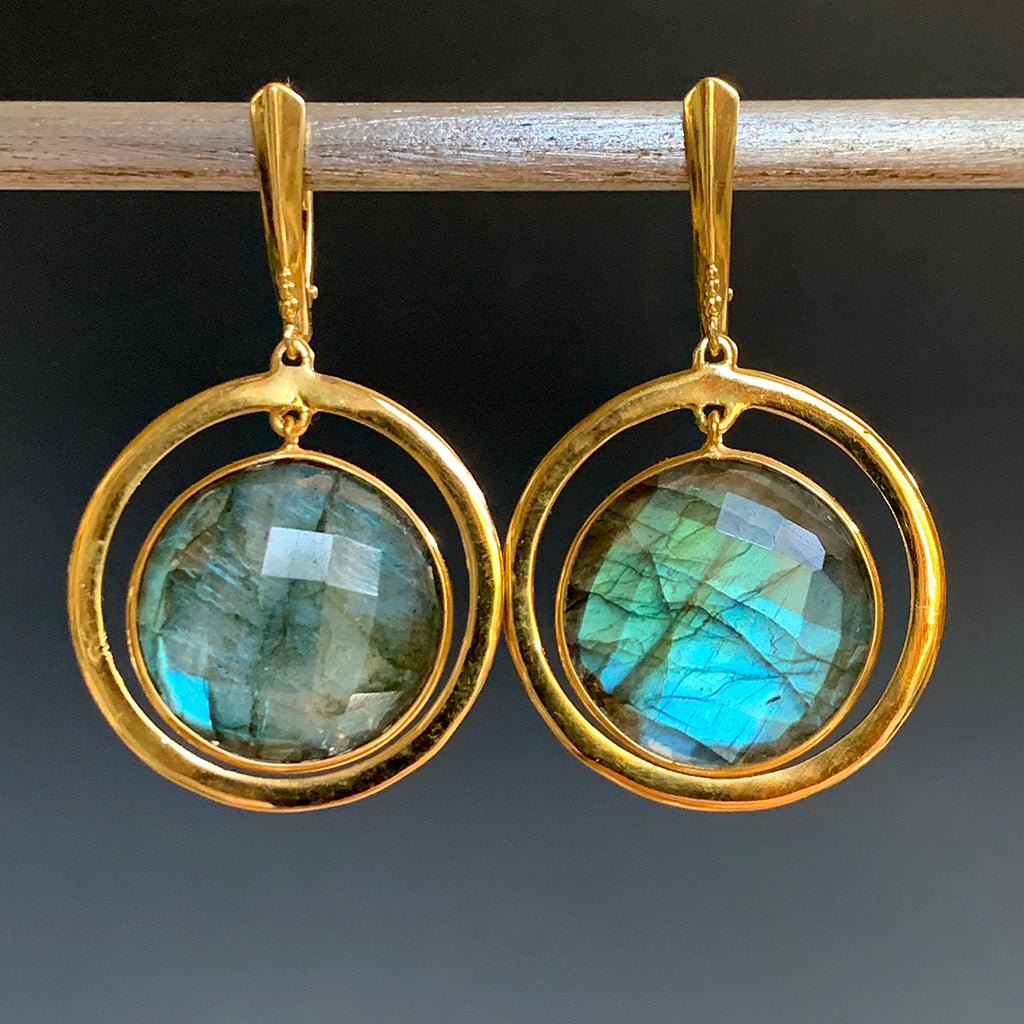 Top Quality Labradorite in Gold Halo Earrings