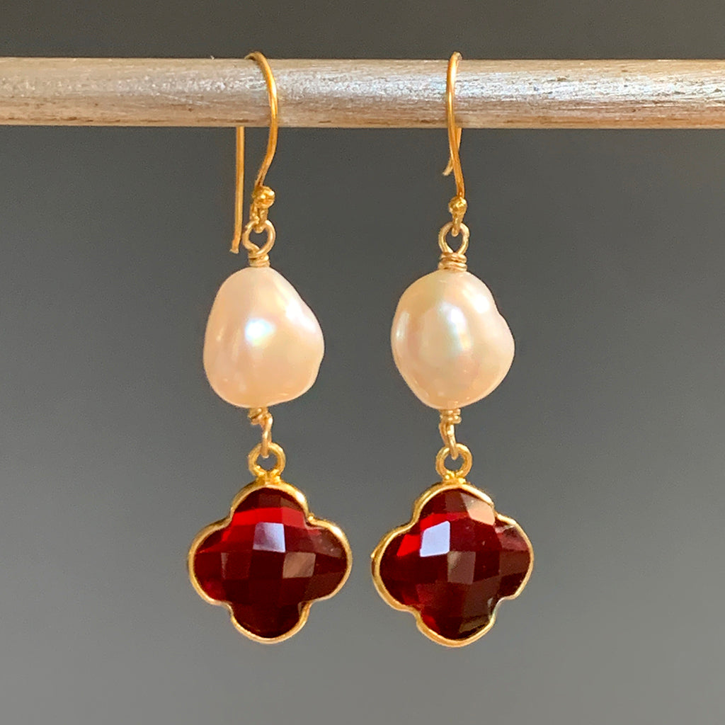Red Clover Crystal & Baroque Pearl Earrings