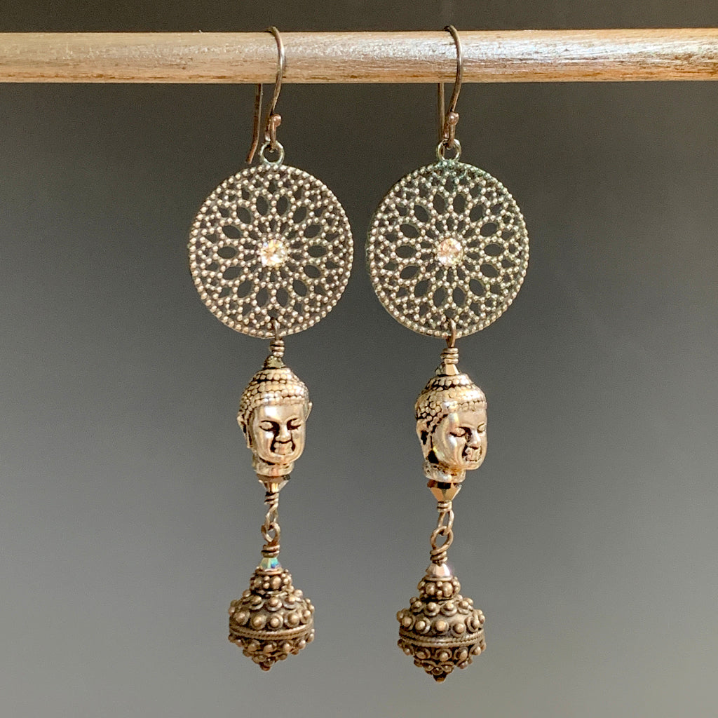 Silver Mandala & Buddha Long Earrings