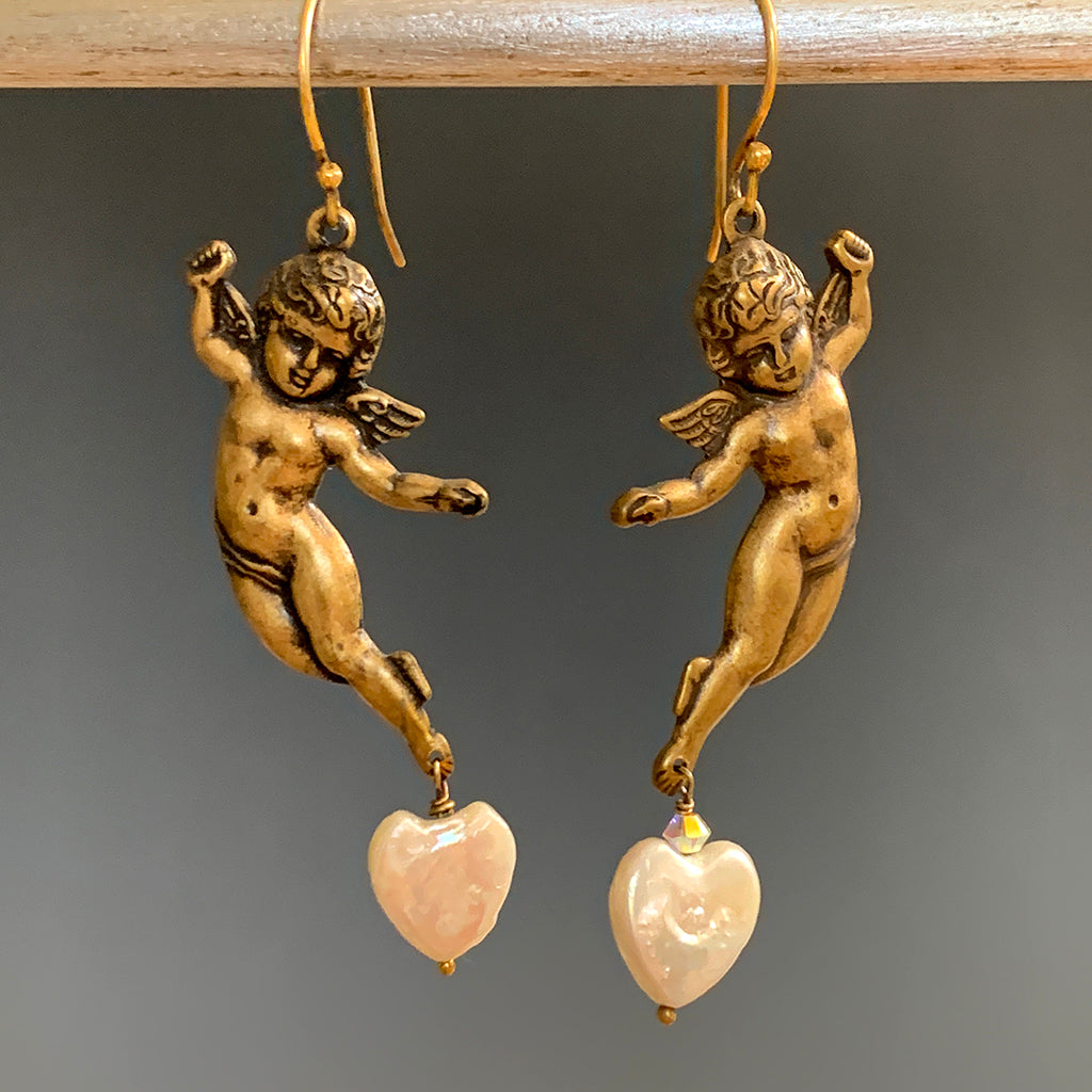 Brass Cherub & Heart Pearl Earrings