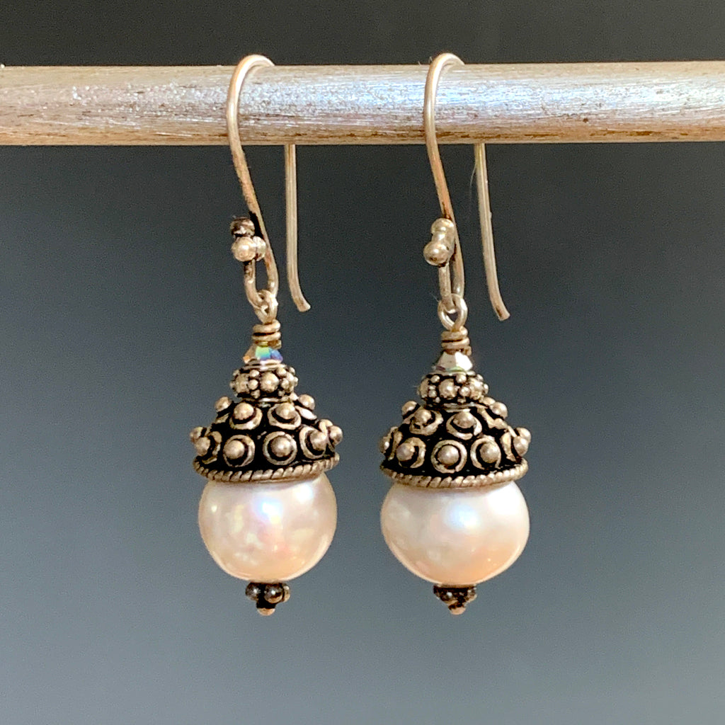 Oxidised Silver Capped Pearl Earrings