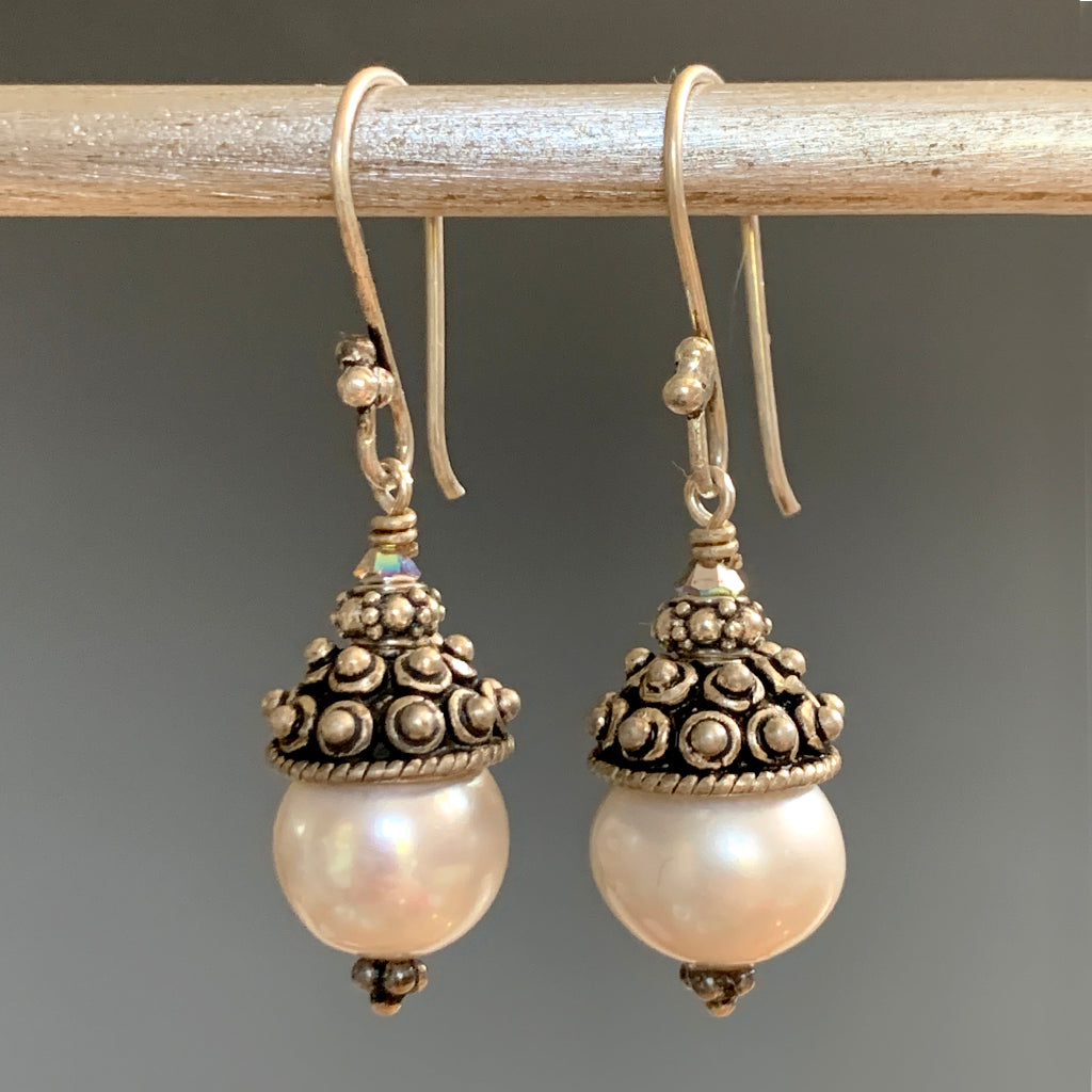 Oxidised Silver Capped Pearl Earrings
