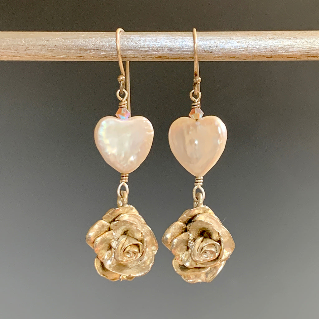 Pearl Heart & Silver Rose Earrings