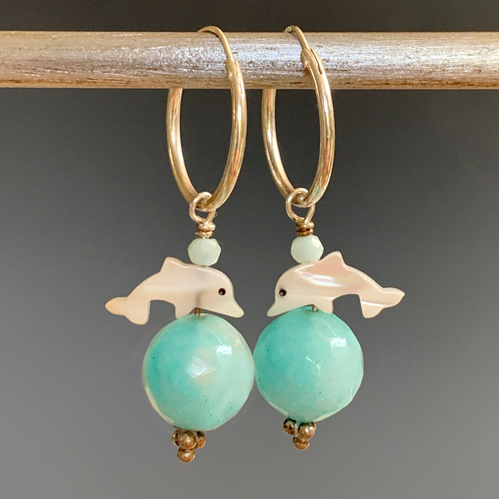 Mother of Pearl Dolphins on Amazonite Faceted Ball Hoop Earrings