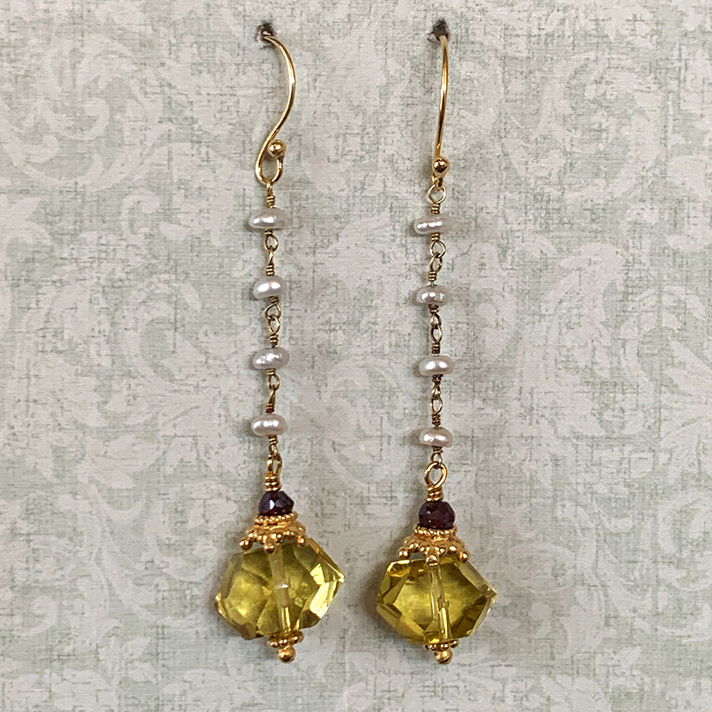 Lemon Quartz Faceted Nuggets on Gold Pearl Chain Earrings