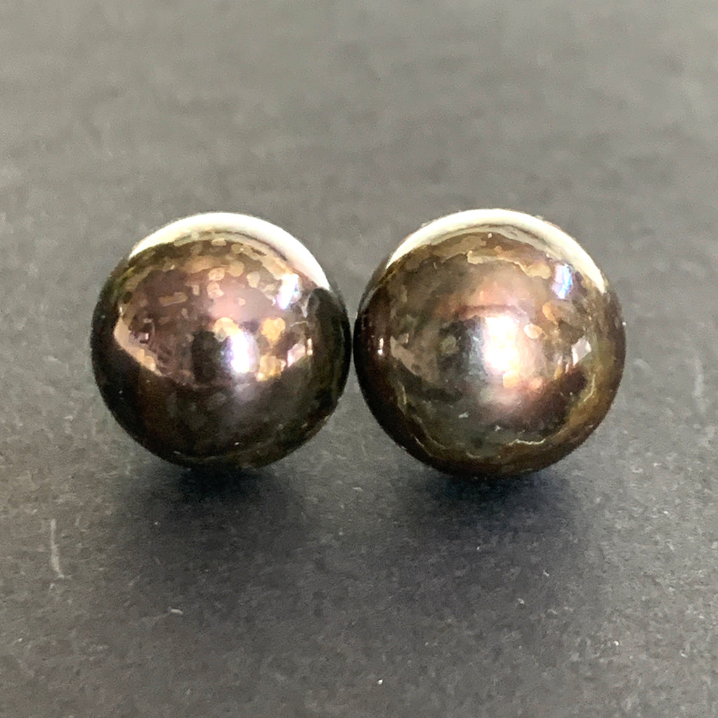 Extra Large Black/Brown Pearl Stud Earrings set on 9ct Gold