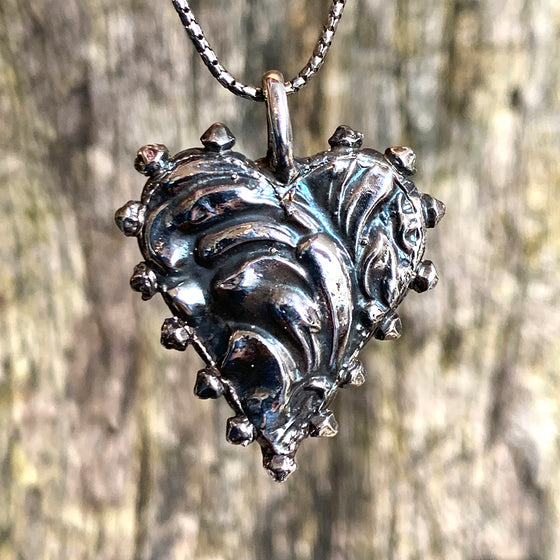 Oxidised Heavy Hand Cast Solid Silver Dotted Heart Necklace