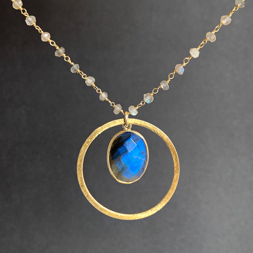 Oval Faceted Labradorite in Gold Halo on Labradorite Stone Chain Necklace