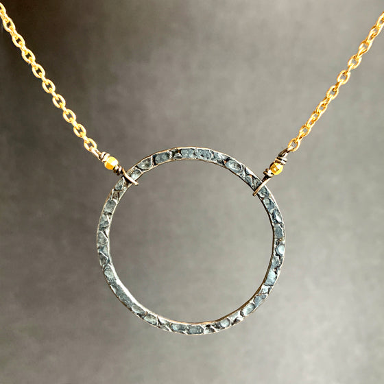 Oxidised Silver Halo on Gold Chain Necklace