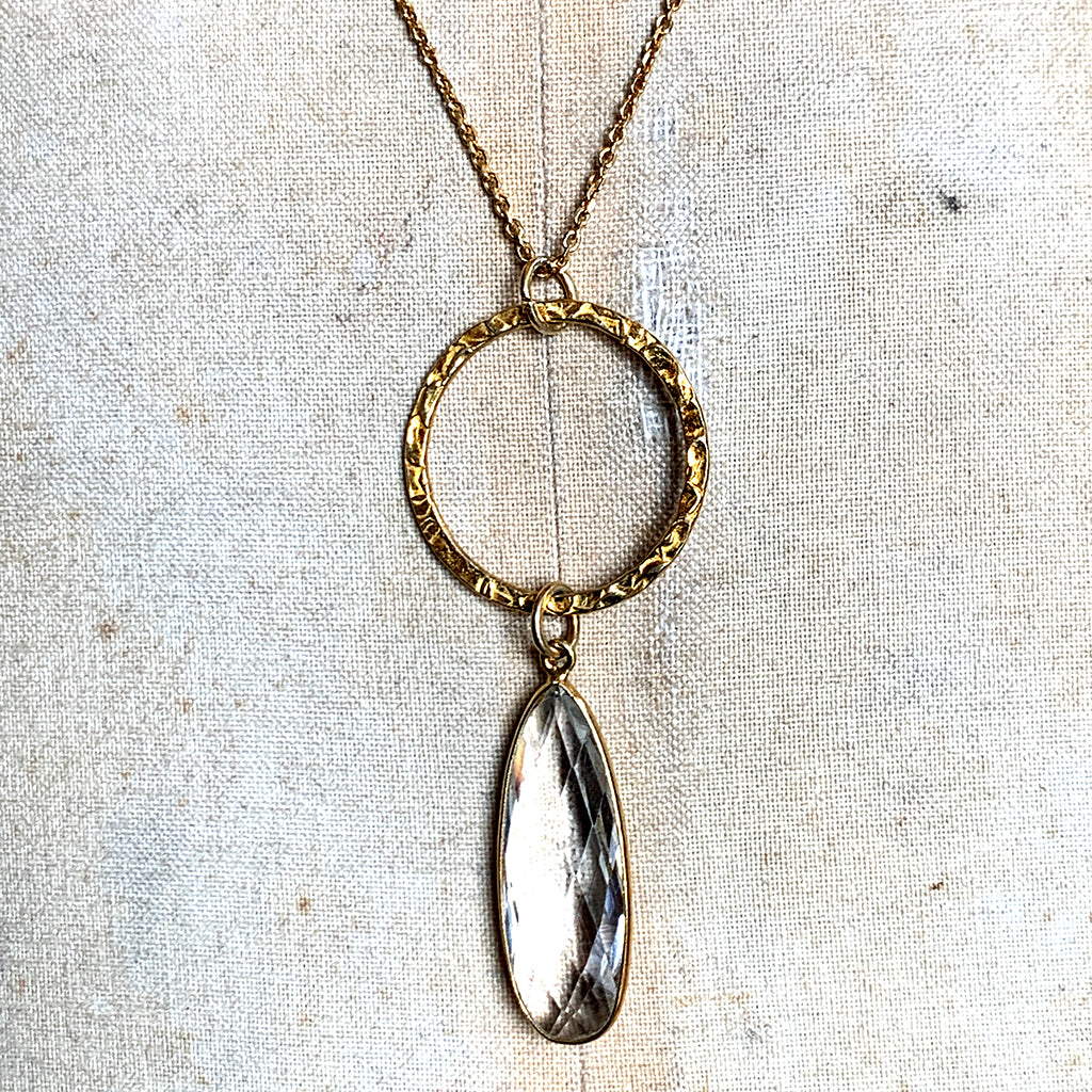Medium Gold Halo with Faceted Rock Crystal Tear Drop Necklace