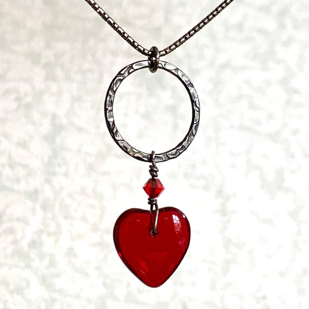 Oxidised Medium Hoop with Deep Red Glass Heart Necklace