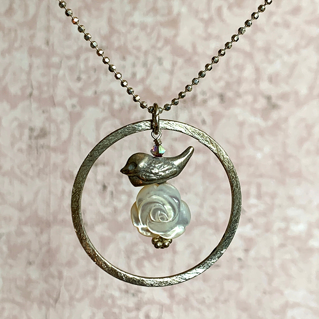 Silver Bird & Mother of Pearl Rose in Large Silver Halo on Silver Chain Necklace