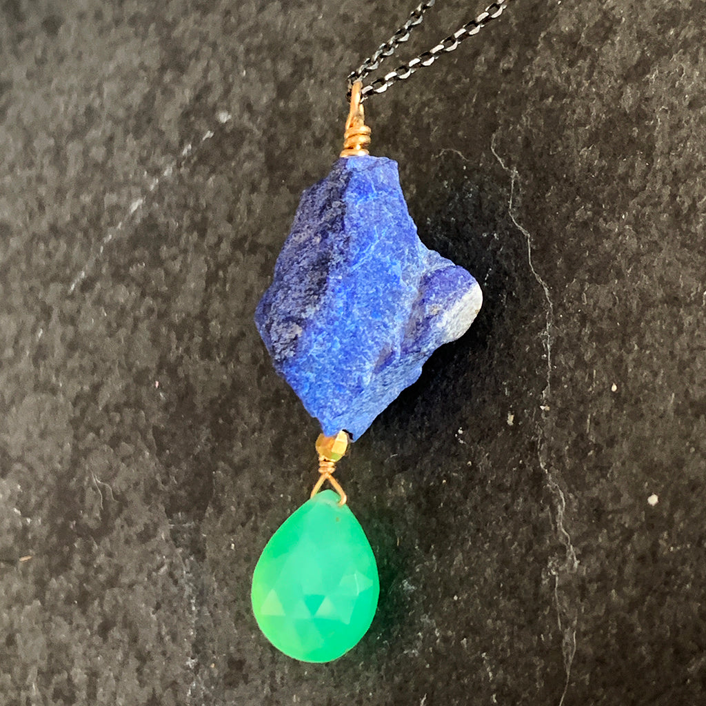 Irregular Chunk of Lapis Lazuli with a Beautiful Chrysoprase Faceted Briolette Suspended Below on Oxidised Chain Necklace