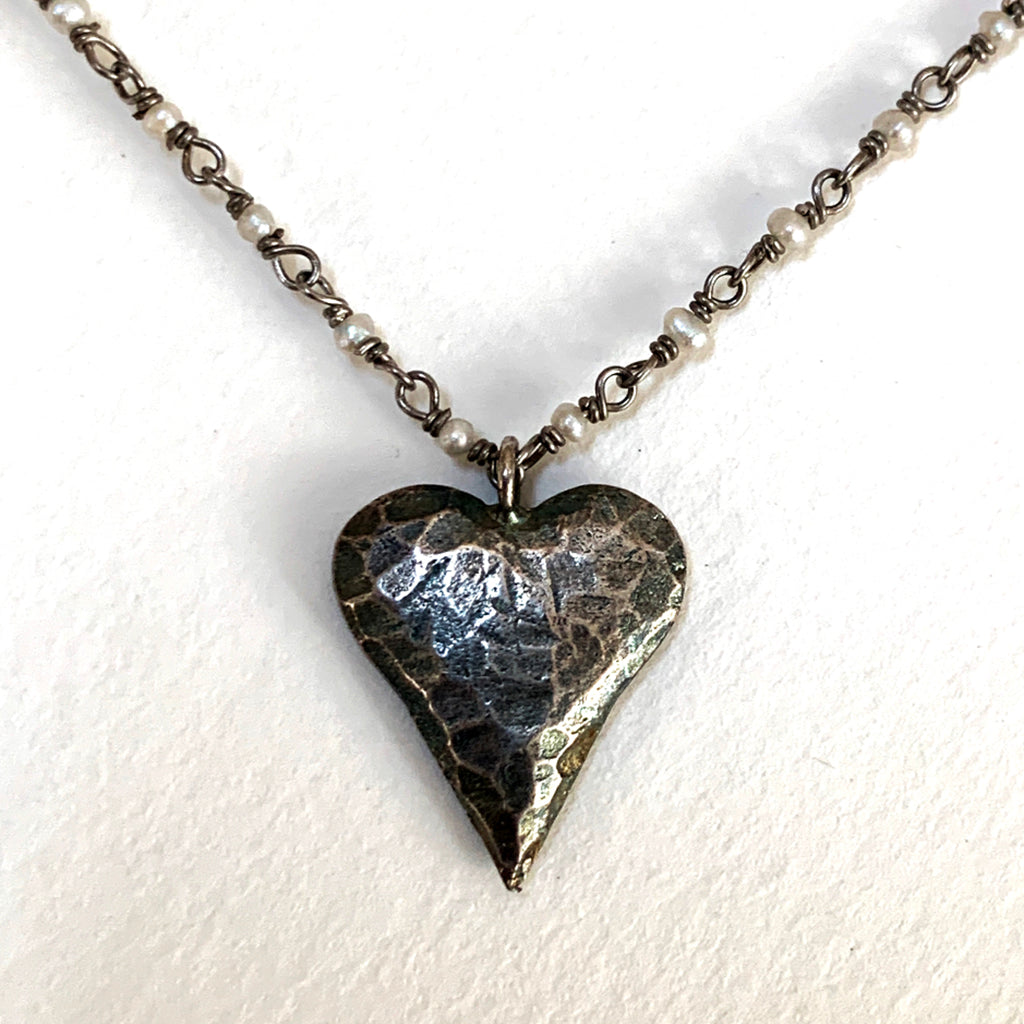 Oxidised Beaten Heart on Oxidised Silver & Pearl Chain Necklace