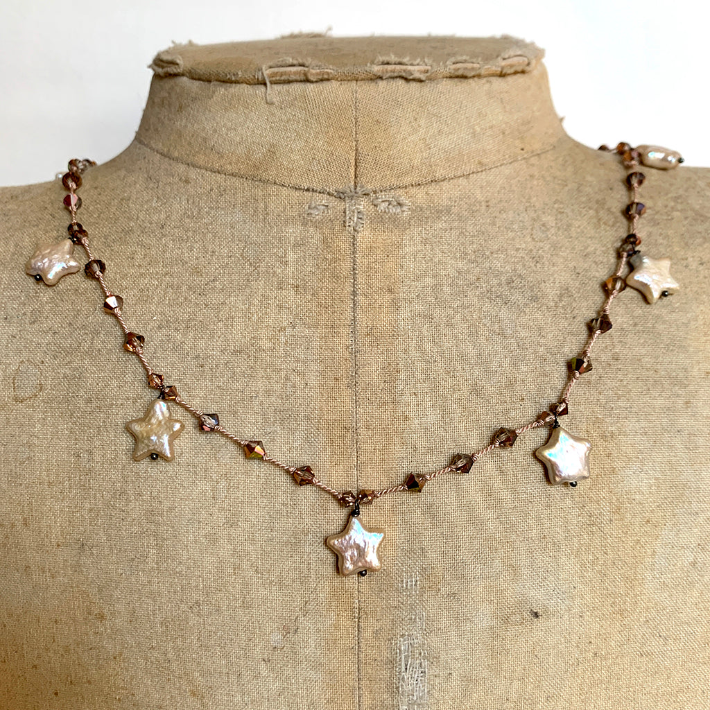 Freshwater Pearl Stars & Coppery Crystals on Nude Silk Necklace