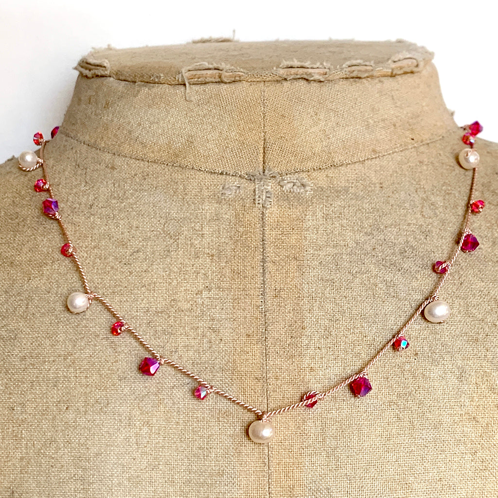 Fuchsia Swarovski Crystals & Pearls on Nude Silk Necklace