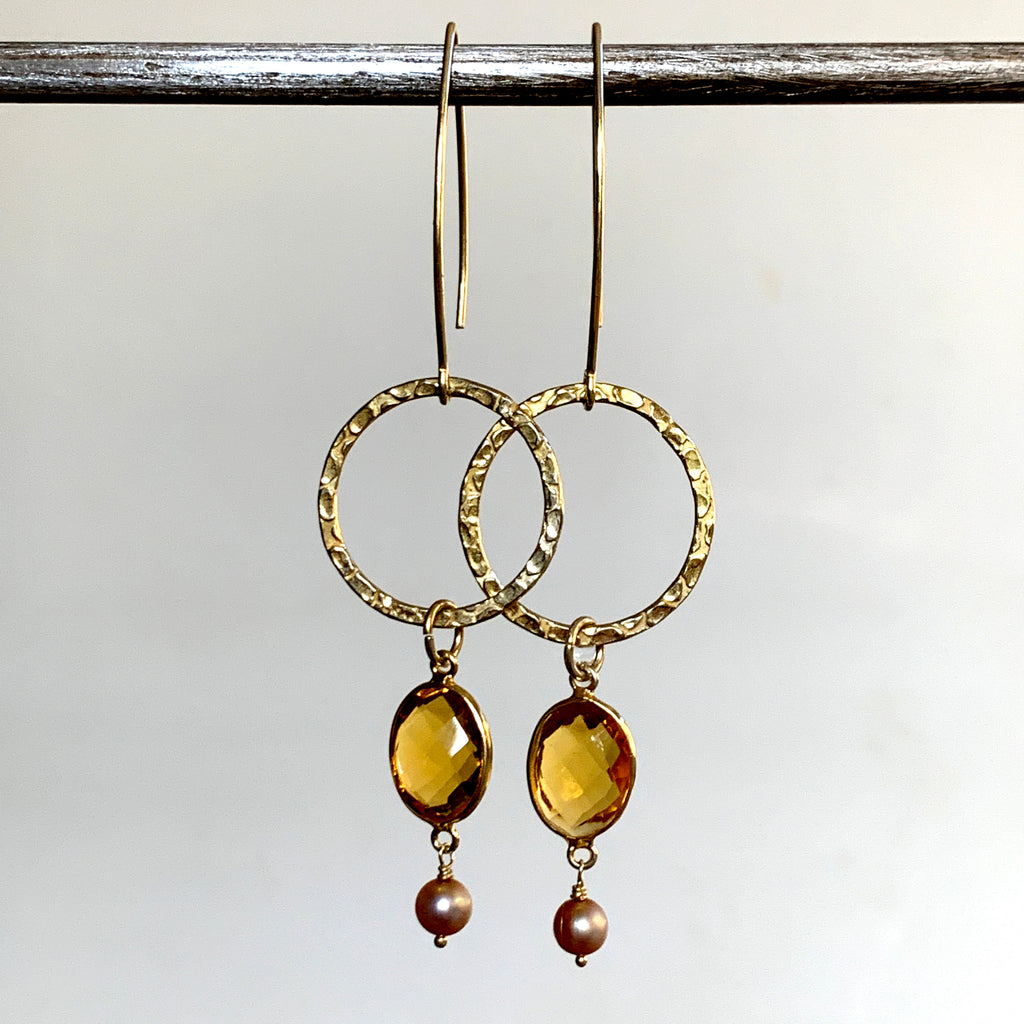 Amber Crystal & Champagne Pearl Halo Arc Earrings