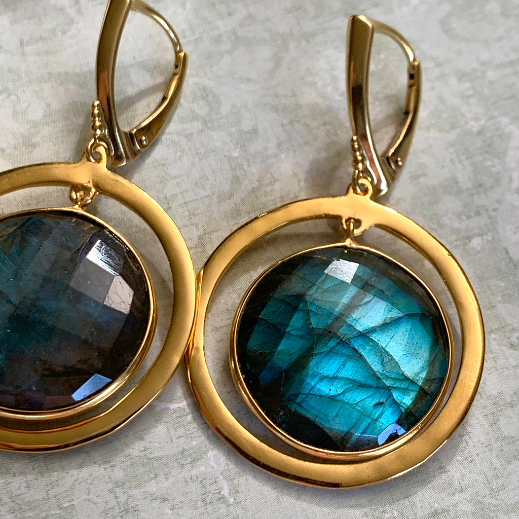 Top Quality Labradorite in Gold Halo Earrings