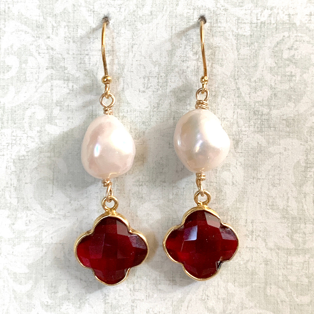 Red Clover Crystal & Baroque Pearl Earrings