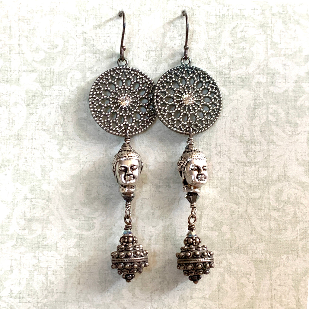 Silver Mandala & Buddha Long Earrings