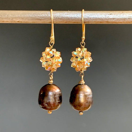 Chocolate Brown Pearl with Golden Shadow Swarovski Crystal Cluster Earrings