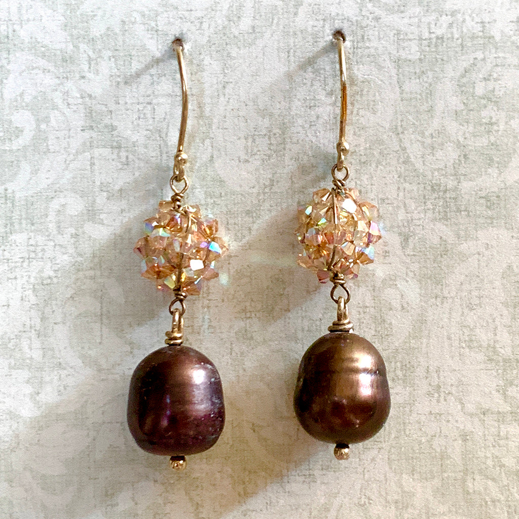 Chocolate Brown Pearl with Golden Shadow Swarovski Crystal Cluster Earrings