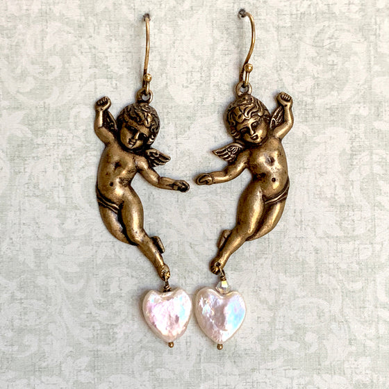 Brass Cherub & Heart Pearl Earrings