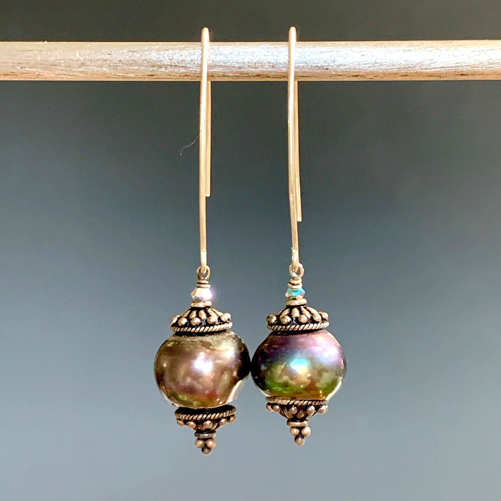 Very Large Petrol Coloured Capped Pearls on Silver Arc Earrings