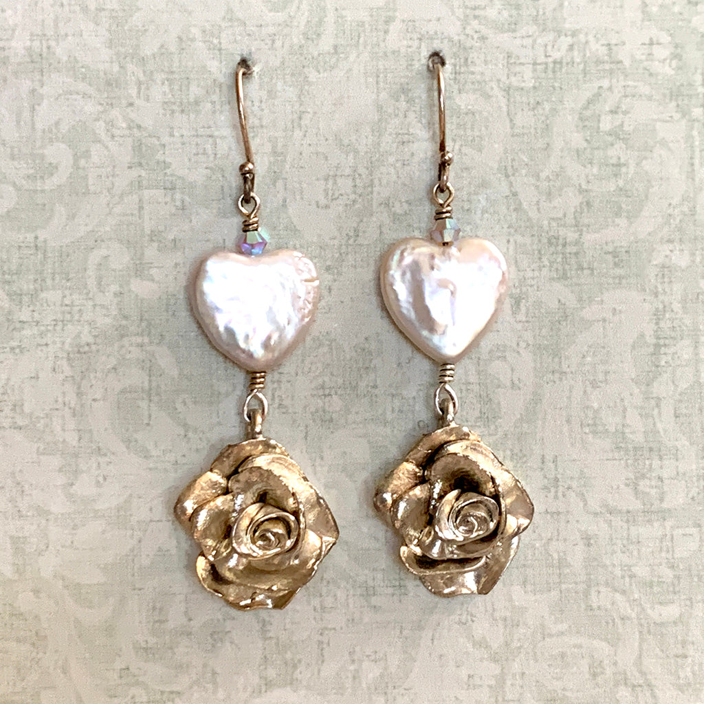 Pearl Heart & Silver Rose Earrings