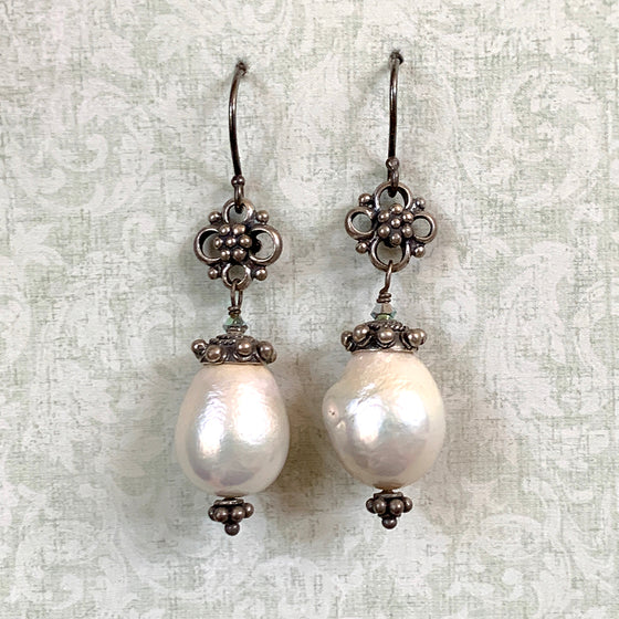 Extra Large Baroque Pearls on Oxidised Silver Drop Flower Earrings