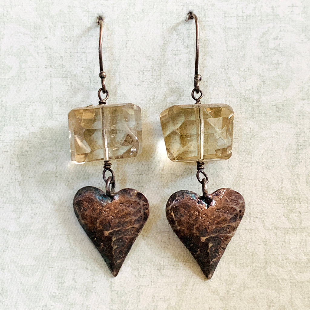 Oxidised Hearts & Smokey Quartz Chunk Earrings