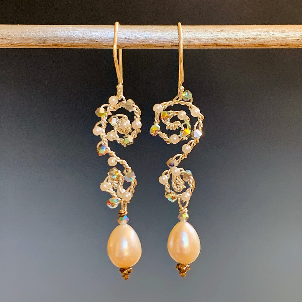 Silver & Crystal Scrolls with Drop Pearl Earrings