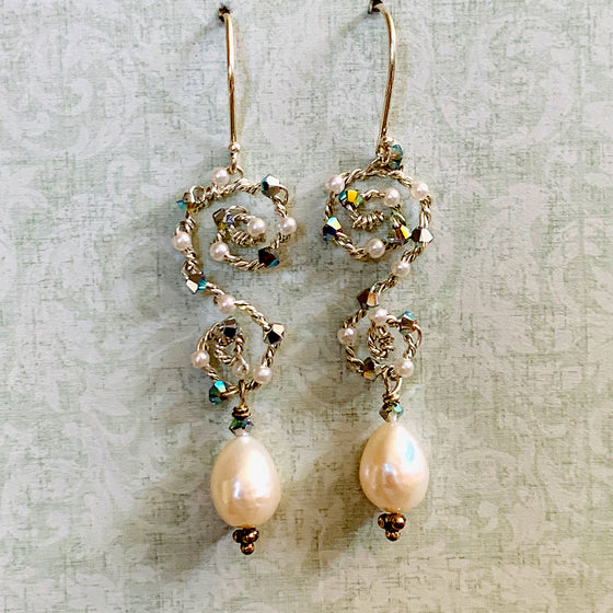 Silver & Crystal Scrolls with Drop Pearl Earrings